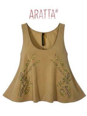Aratta 100% Silk Embroidered Boho Tank Top Gold Sheer Sequin Large NWT